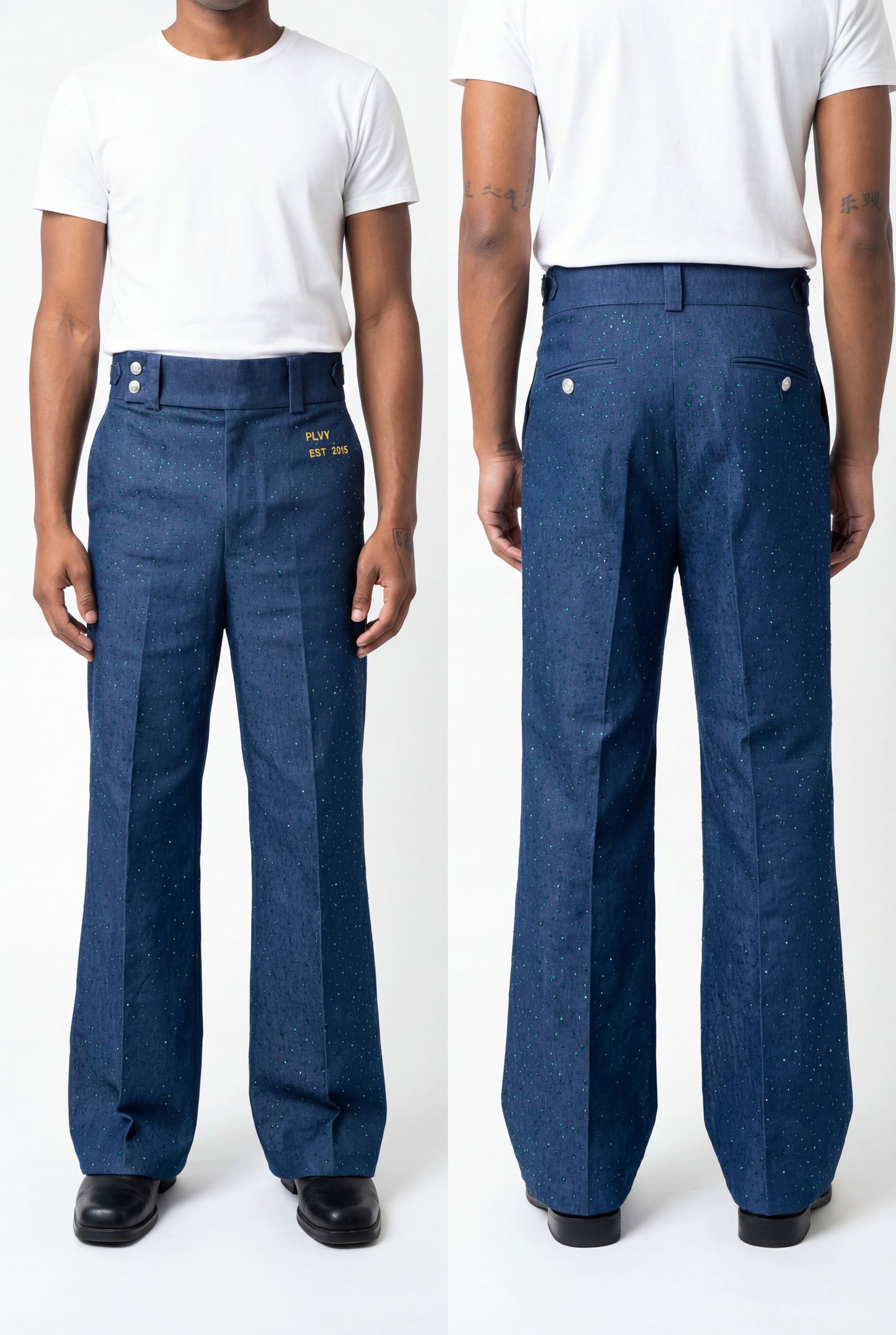 ANNIVERSARY FLARED GREEN RHINESTONE DENIM PANTS