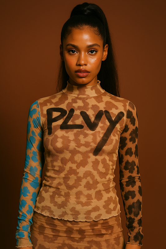 Mocha Colorblocked Cheetah Turtleneck T-shirt