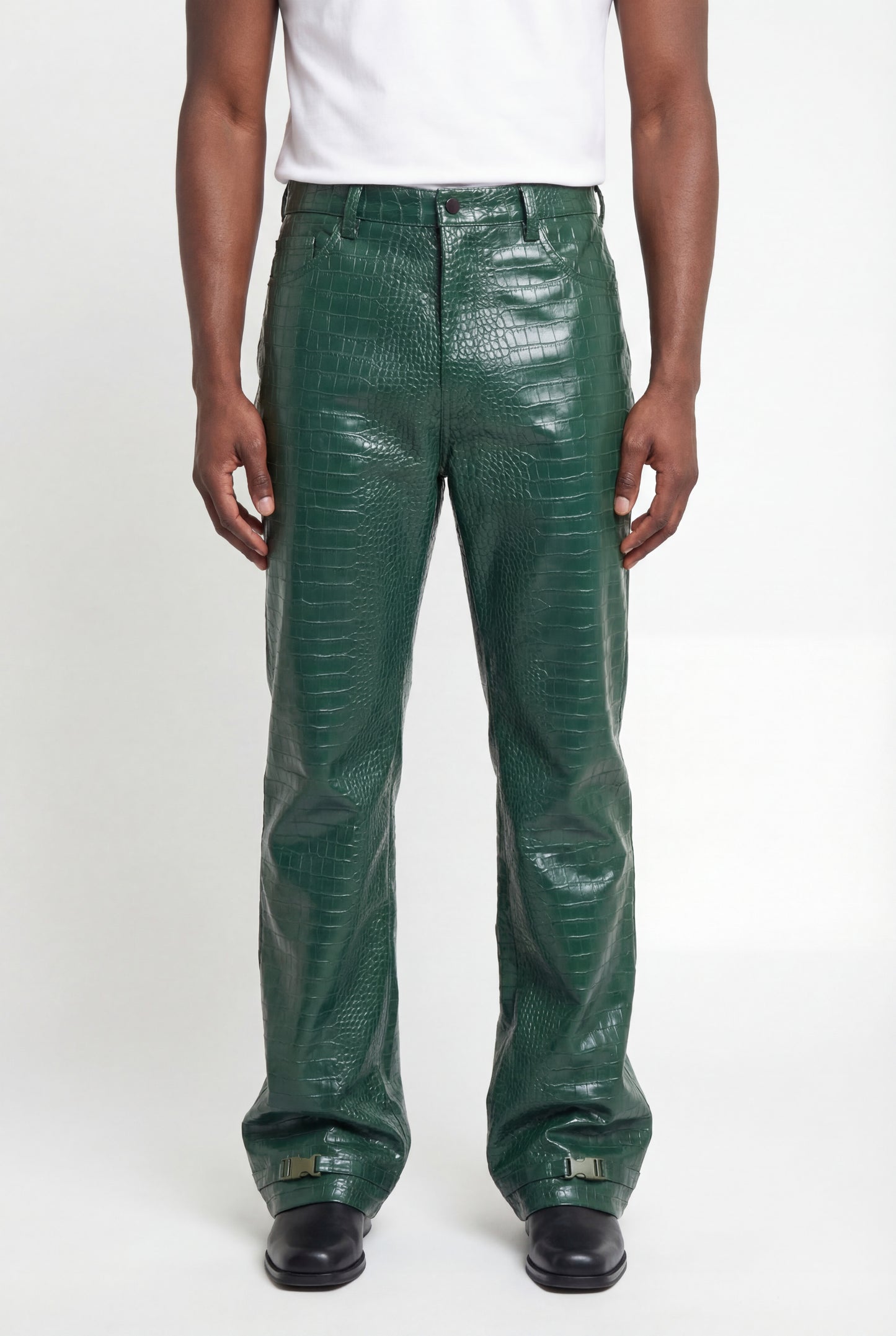 SIGNATURE CROC BUCKLE FLARE TROUSERS