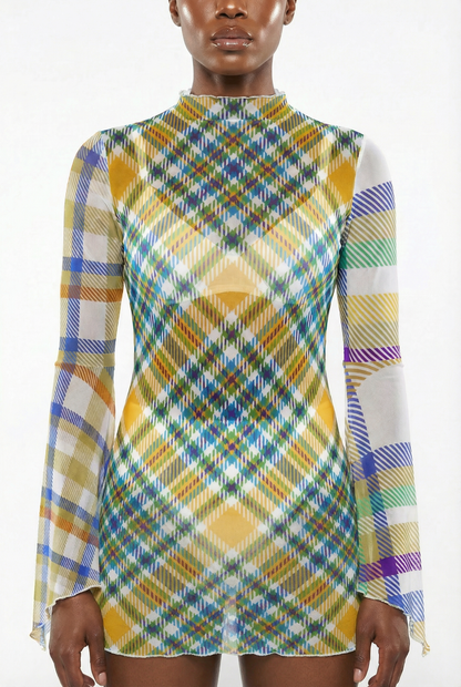 MIXED SIGNAL PLAID MESH DRESS